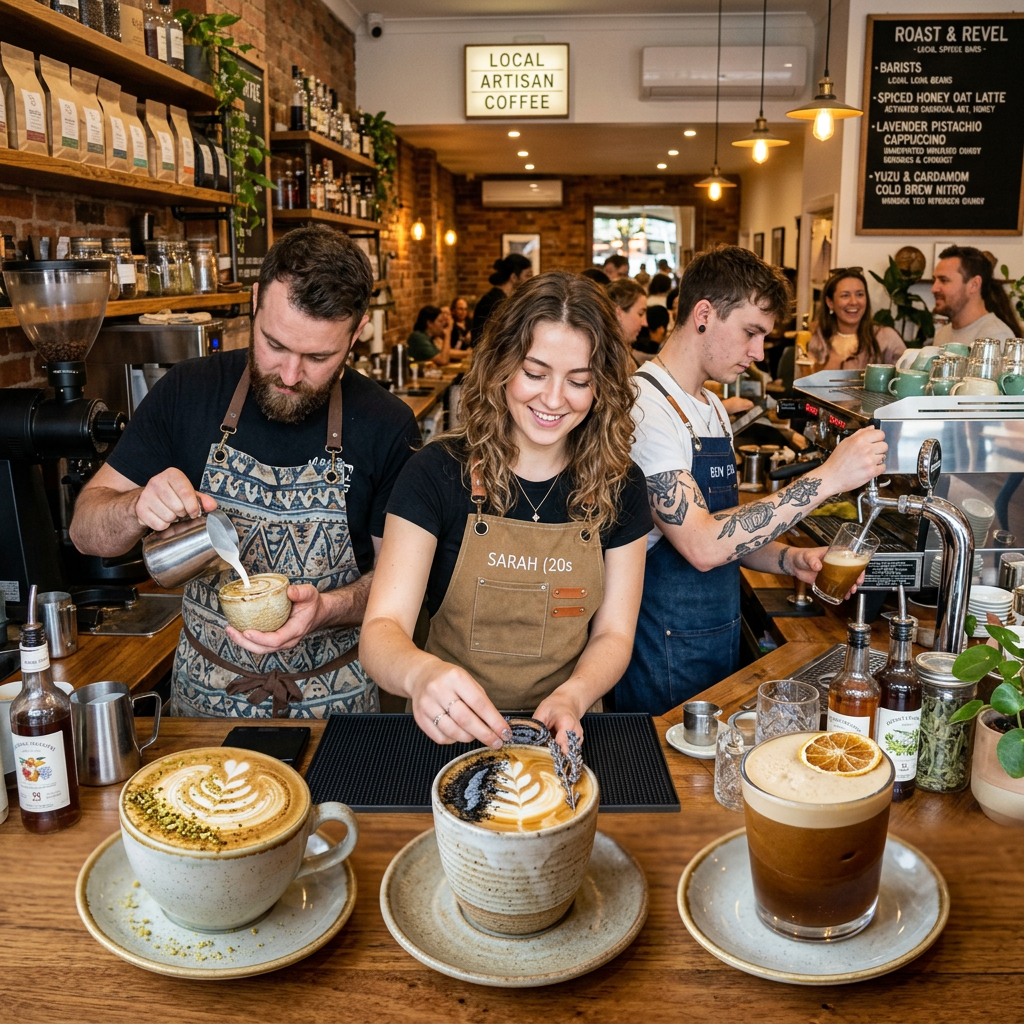 Three baristas making and decorating coffee drinks behind a wooden counter in a busy café